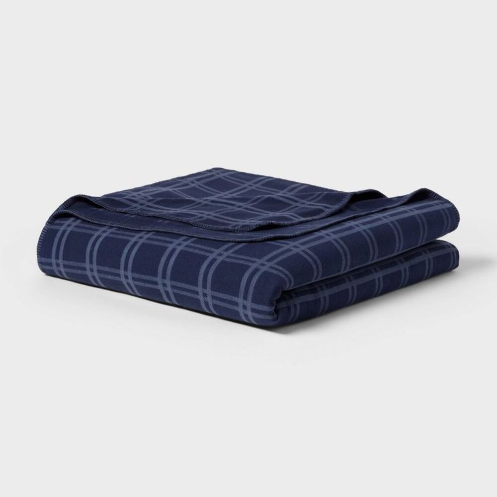 Threshold - Twin/Twin XL Brushed Cotton Blanket Navy Tonal Pla Navy